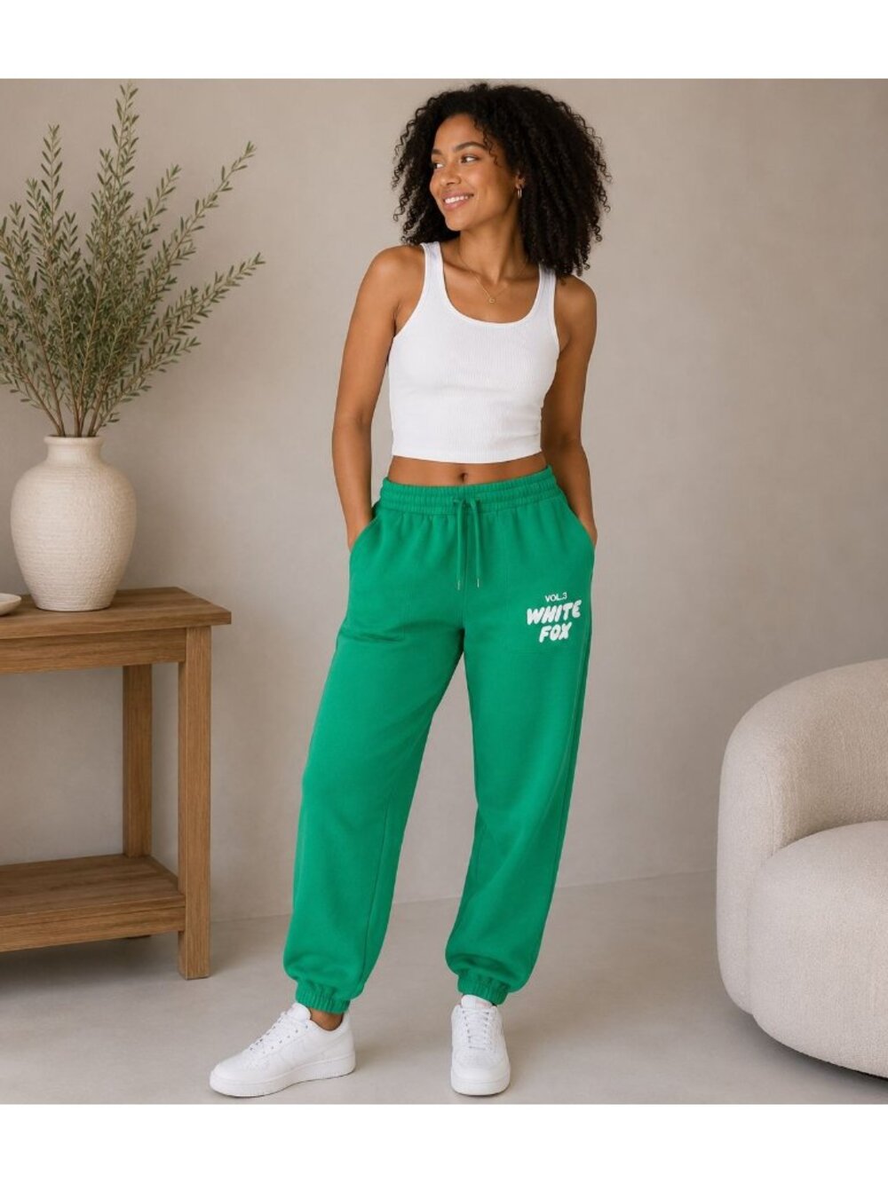 White Fox Jogger Sweatpants Green Graphic Oversized Streetwear XS